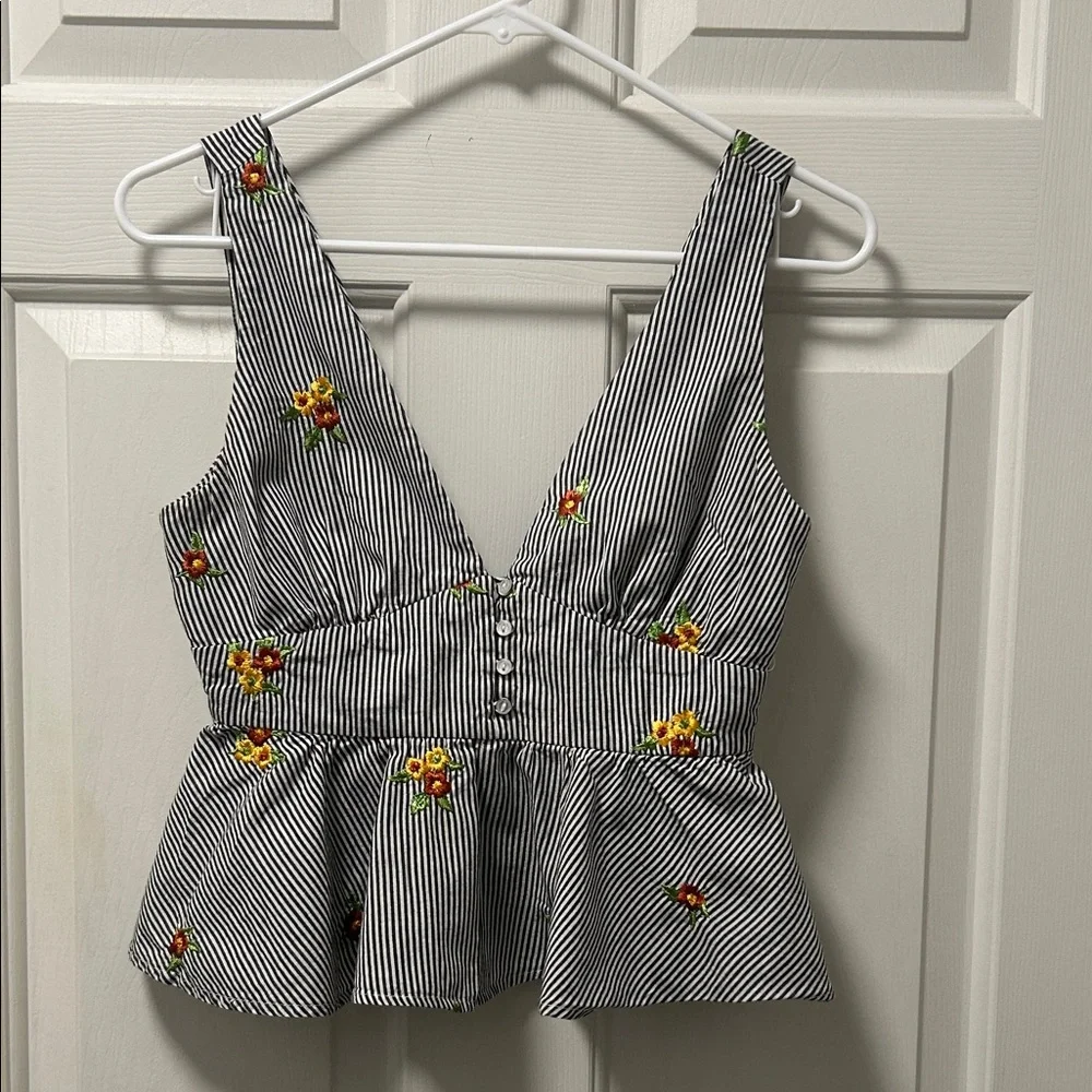 Forever 21 Contemporary Striped Floral Embroidered Babydoll Peplum Top Size S - Picture 1 of 14